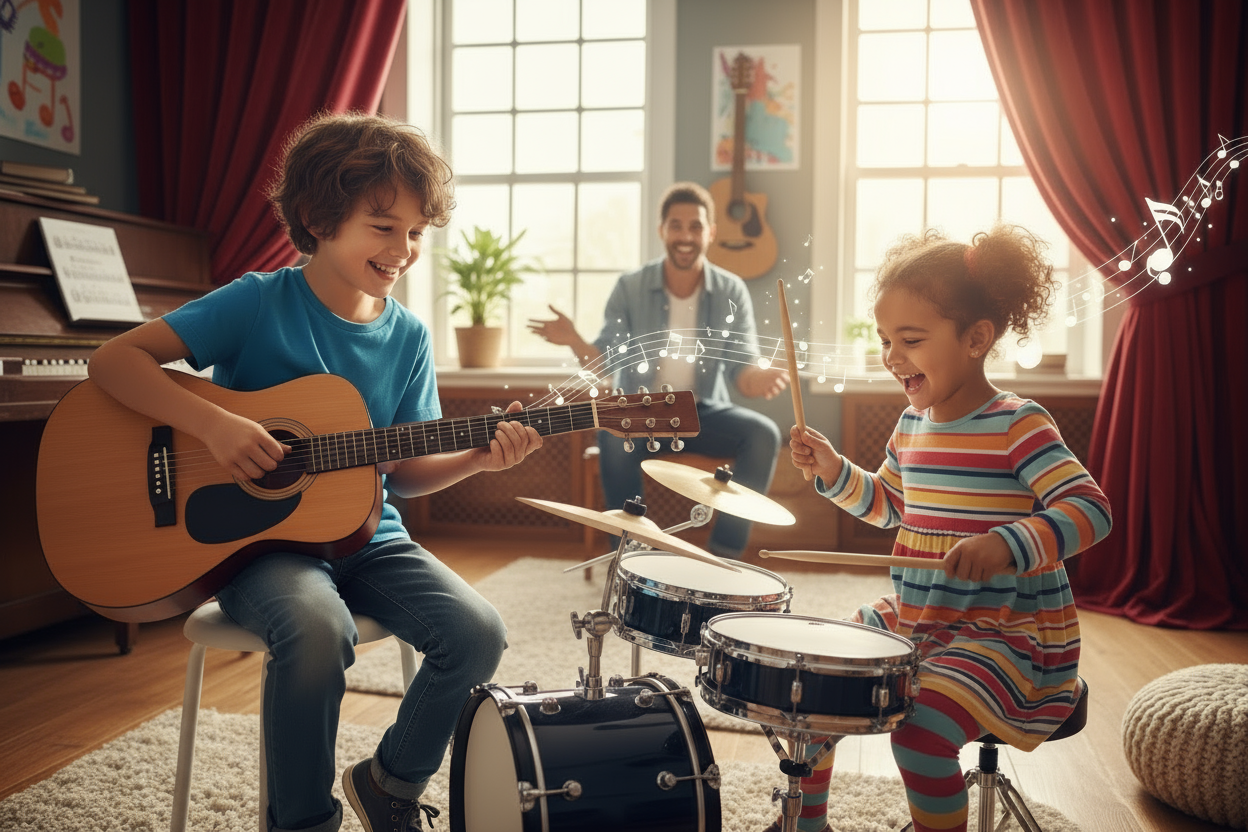 make it more real and music school like with red curtain in background